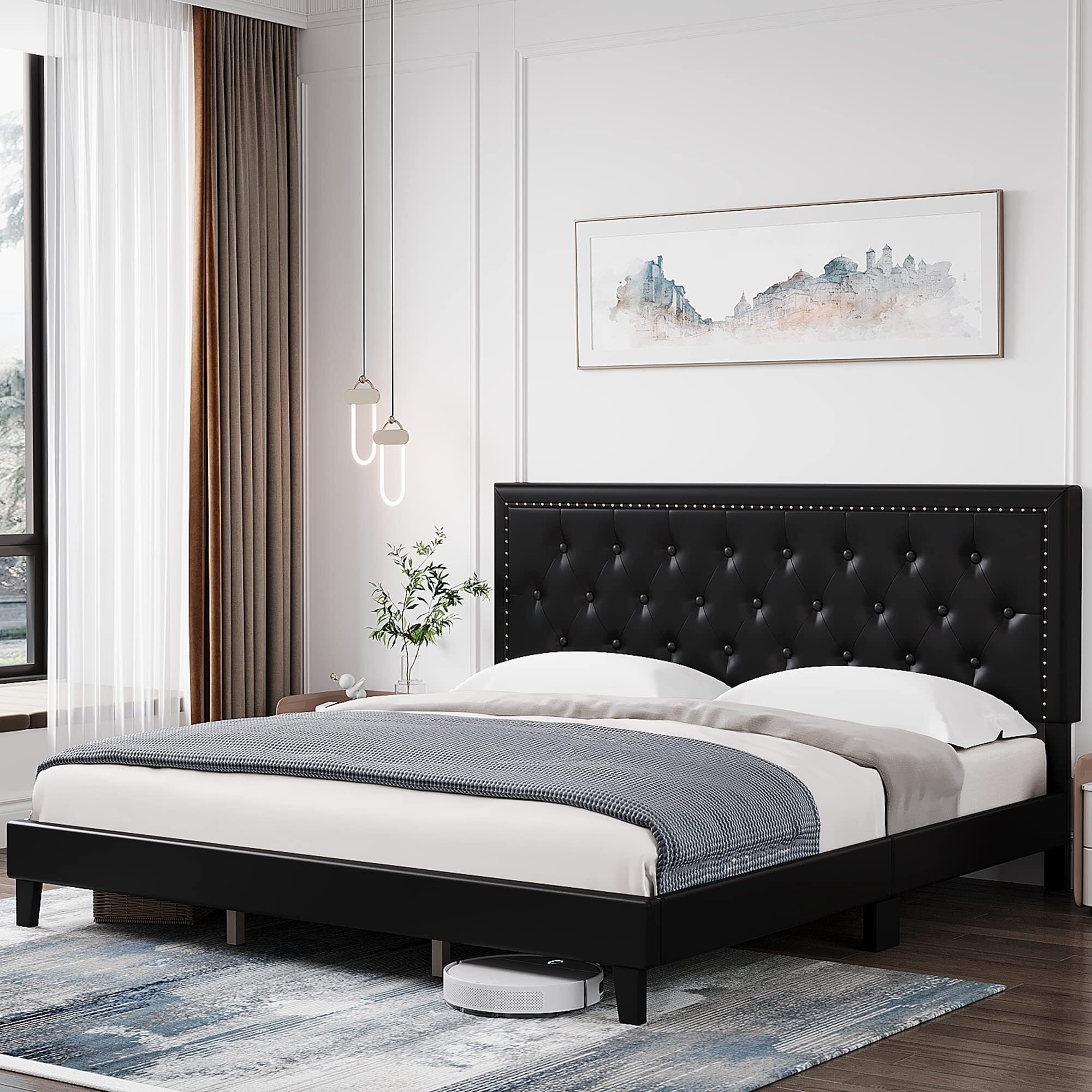Upholstered Bed Frame with Adjustable Headboard Black King