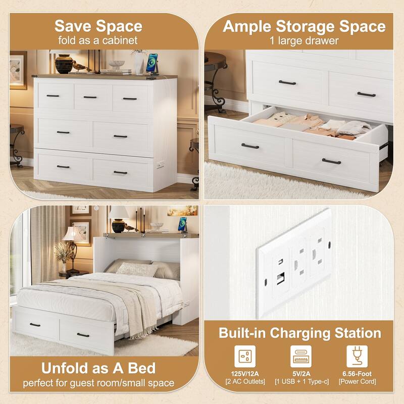 Murphy Bed Cabinet with Charging Station for Guest Room and Small Bedroom
