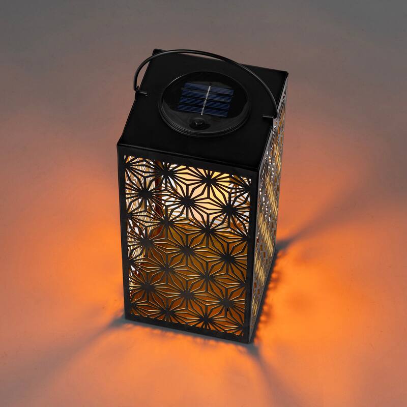 Glitzhome 11"H Black Metal Cutout or Square Textured Glass Pattern Solar Powered Hanging Lantern with LED Light