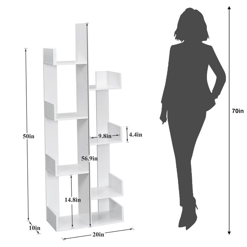 Wooden Tree Bookcase with 8 Book Shelves Freestanding Room Dividers, Floor Standing Storage Rack, Display Shelf