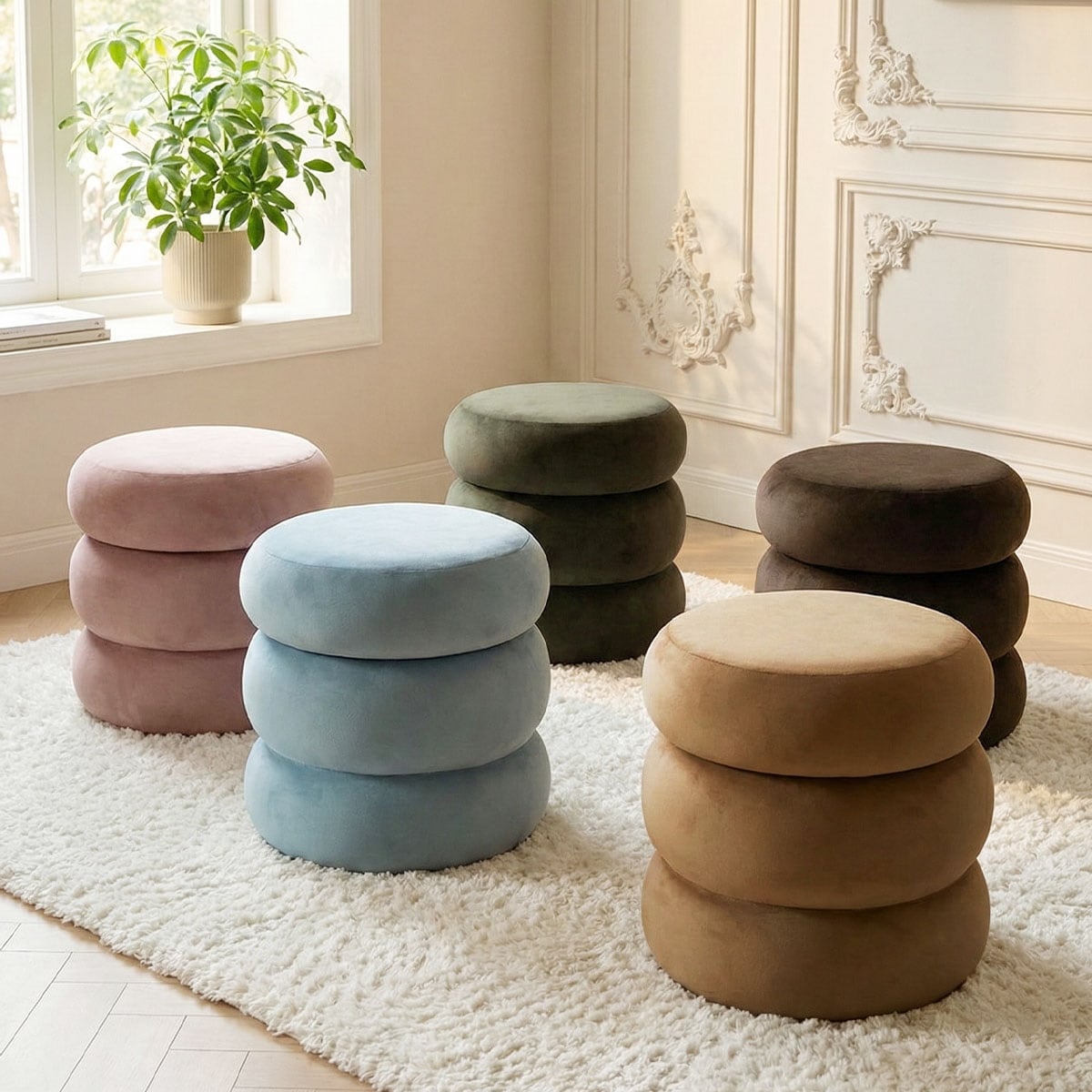 Modern Round Velvet Vanity Stool With Storage(Set of 2)