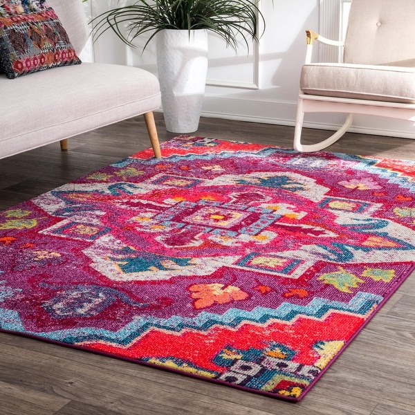 nuLOOM Purple Bohemian Tribal Festival Summer Soleil Faded Border Area Rug. Opens flyout.
