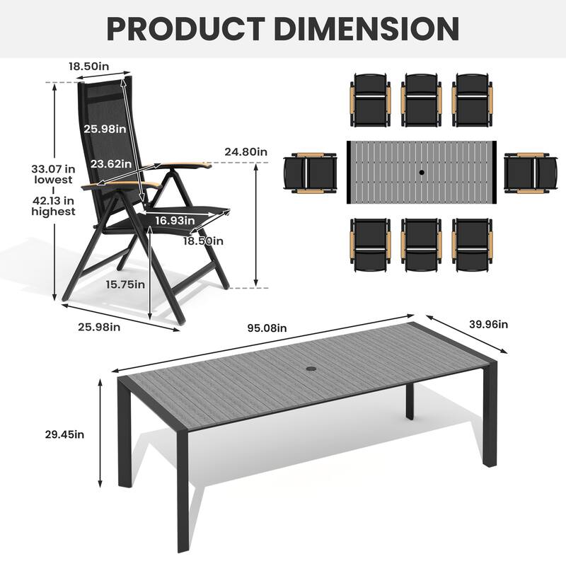 7/9/11-Piece Outdoor Patio Dining Set Aluminum Rectangular Dining Table and Adjustable Folding Chairs