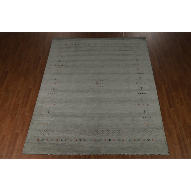 Green Tribal Gabbeh Indian Area Rug Hand-Knotted Wool Carpet - 8'2" x 9'11"