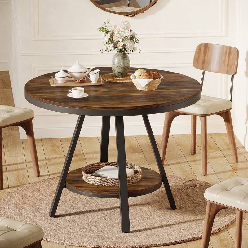 2 Tier Small Round Dining Table for 2-4 People, Industrial Kitchen Dinner Table with Sturdy Metal Leg - Brown + Black