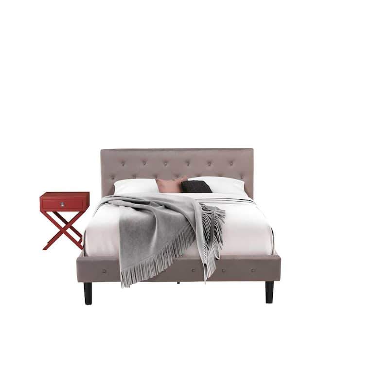 2 Piece Bed Set - Velvet Upholstered Platform Bed & Nightstand - Button Tufted Design