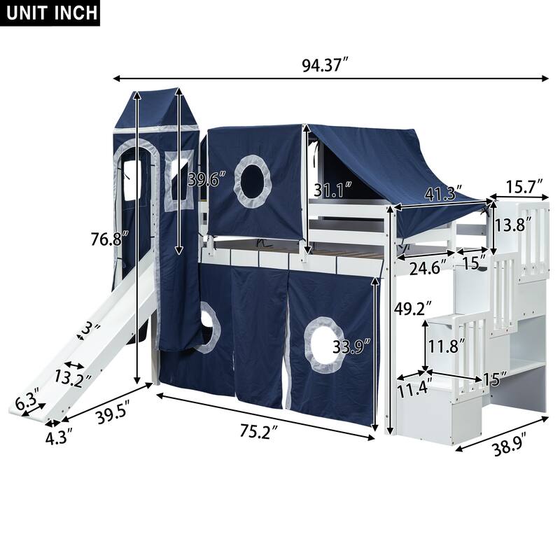 Twin Pine Loft Bed with Staircase, Slide, Tent, Tower, and Guardrail