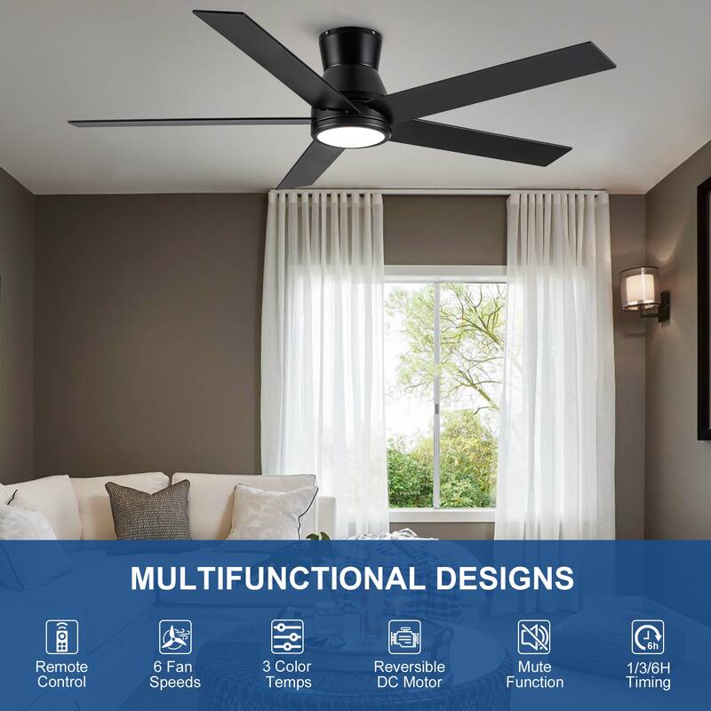 YUHAO AeroLite 48 in. Indoor White Low Profile Standard Ceiling Fan with Bright White Integrated LED Light Kit, Remote Included