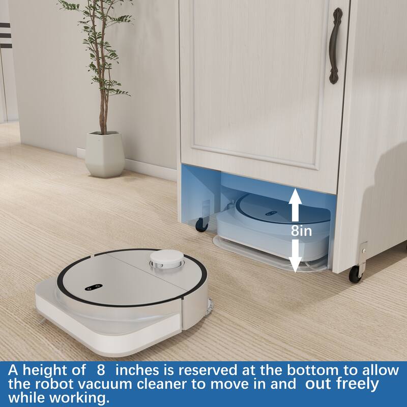 Robot Vacuum Storage Stand – Rolling Cabinet with Doors/Drawers, Antique White Finish
