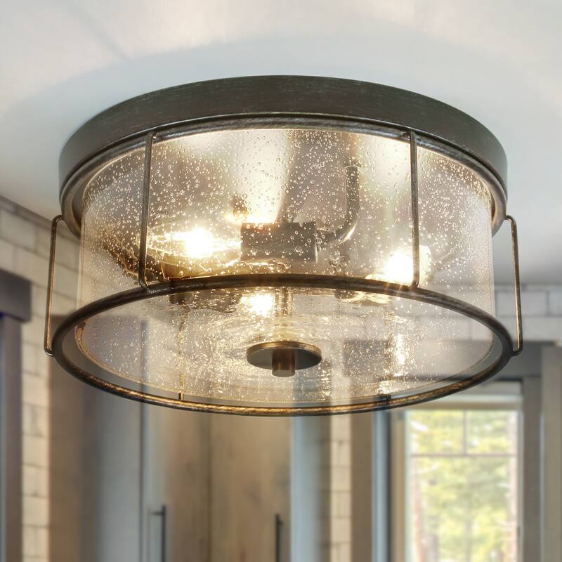 Modern Industrial Glass Flush Mount Drum Ceiling Light - D 13"* H 6" - D 13"* H 6"       - Black