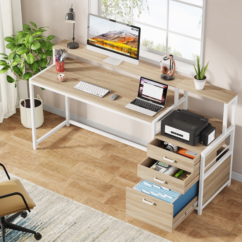 63" Computer Desk with Monitor Stand, Ergonomic Home Office Desks with Drawers File Cabinet - Natural