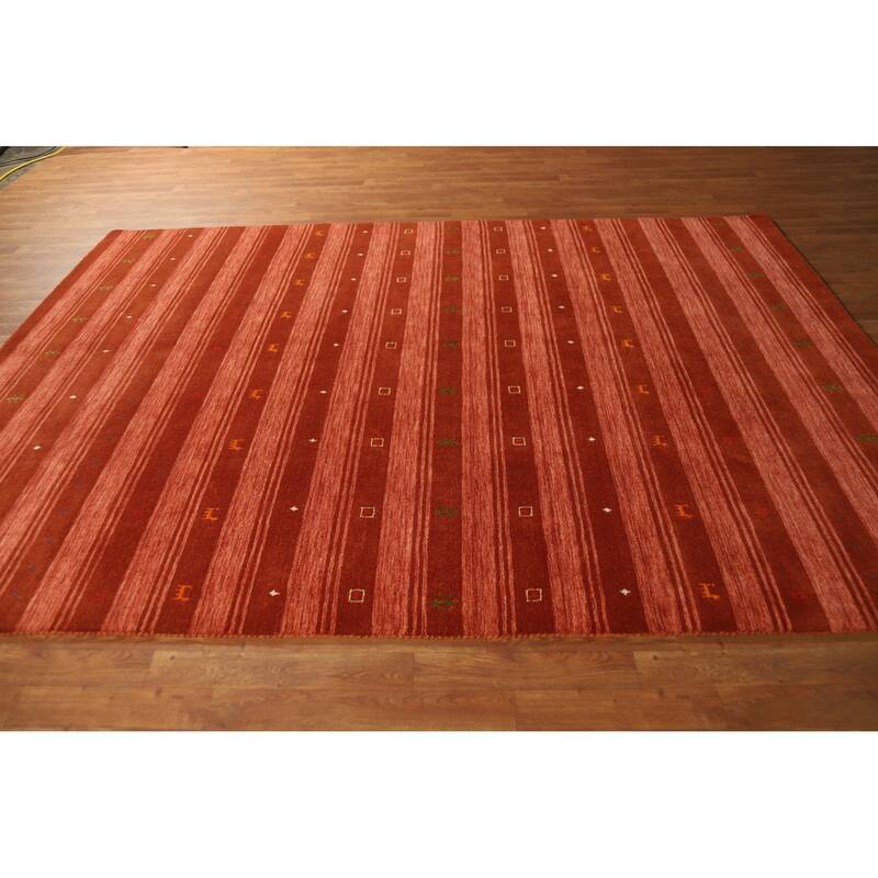 Hand Knotted Oriental 100% Wool Carpet Tribal Stripe Oranges & Rust Gabbeh Area Rug - 9' 9'' X 6' 9''