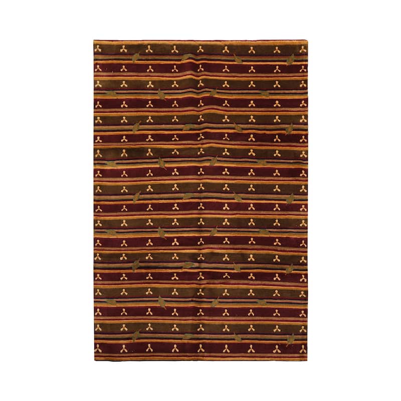 Hand Knotted Tibetan Green, Rust Striped Wool Transitional Area Rug - 6' x 9' 1''