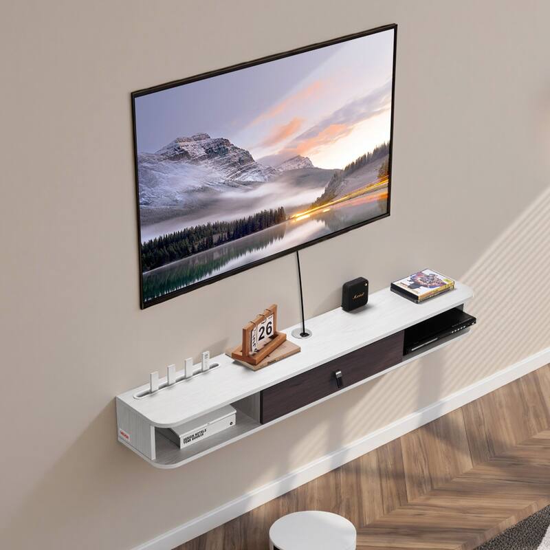 White Particleboard Floating TV Stand with Soft Close Doors, Cable Management - 55.12” L x 9.29” W x 6.29” H
