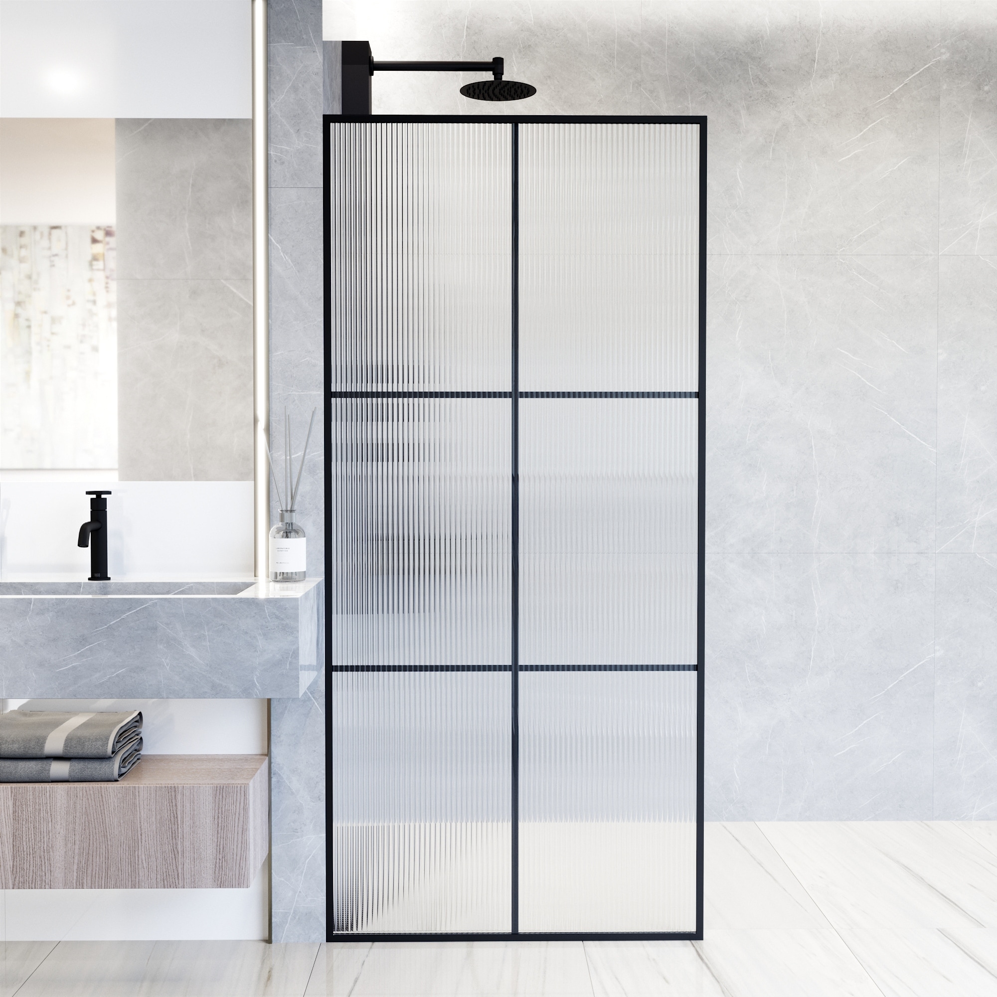 Ventana 34 in. x 74 in. Framed Fixed Shower Door in Matte Black without Handle Ventana 34 in. x 74 in. Framed Fixed Shower Door in Matte Black without Handle