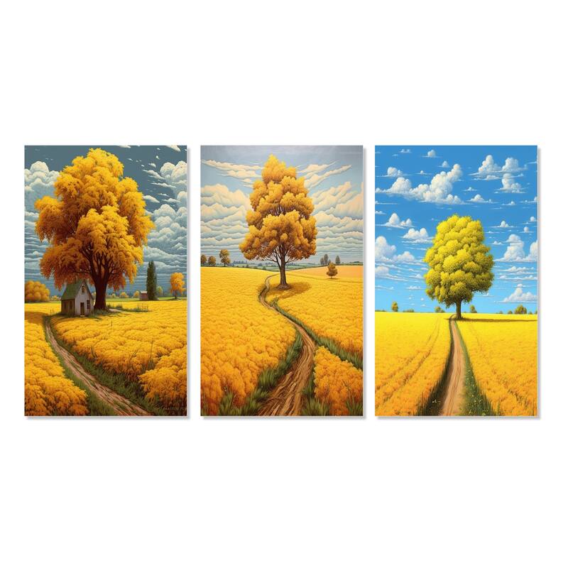 Designart "Yellow Tree In Blossoming Golden Meadow II" Meadow Yellow - Gallery Wall Set Of 3 For Home Decor