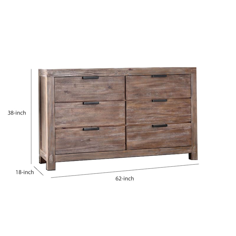 6 Drawer Rustic Style Wooden Dresser with Block Legs, Brown