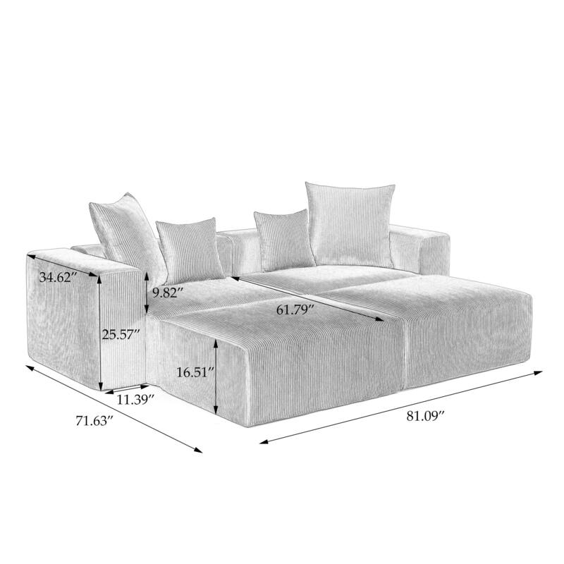 81"W No Assembly Corduroy Modular Sectional Sofa with Ottoman