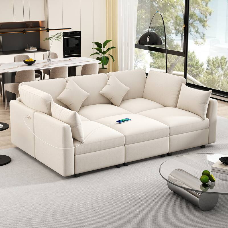 L-Shaped Modular Sectional Sofa Convertible U-Shaped Sofa Bed with Movable Ottoman and 2 USB Ports, 2 Pillows, Chenille 5 Seat - Beige
