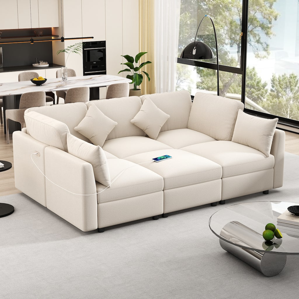 Roomfitters Modular Sectional U-Shaped Sofa Bed with Movable Ottoman, USB Ports, and Versatile Design for Living Room Style