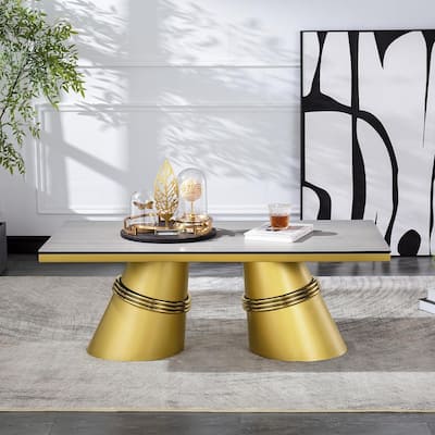 Glam 50 inch Rectangular Glass Living Room Coffee Table with Brushed Gold Stainless Steel Base
