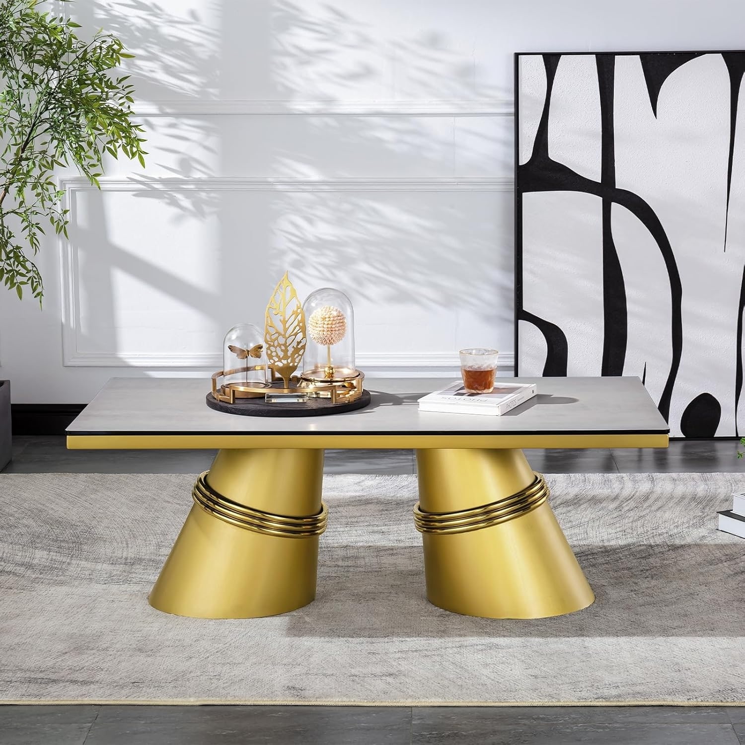 Glam 50 inch Rectangular Glass Living Room Coffee Table with Brushed Gold Stainless Steel Base