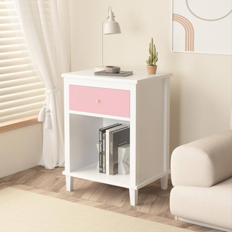Wooden 2-Tier Kids Nightstand Small Side Table with Drawer and Open Shelf for Bedroom