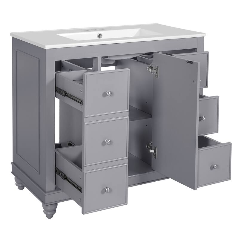 Bathroom Vanity Storage Cabinet with 4 Drawers, Removable Dividers, Adjustable U-shaped Shelf and Silver Handles