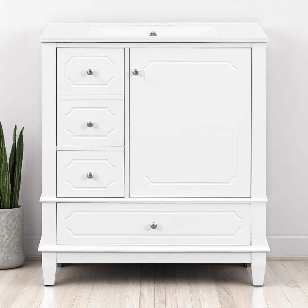 30" Freestanding Bathroom Vanity with Ceramic Sink, Solid Wood Frame, 3 Drawers & Storage Shelf, Painted MDF Cabinet