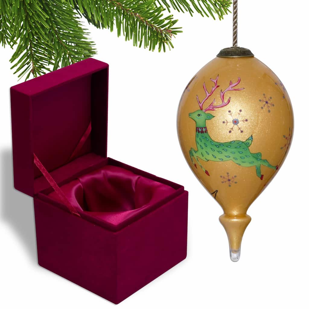 Golden Reindeer and Snowflakes Hand Painted Mouth Blown Glass Ornament - 4.75" x 2.5" x 2.5"