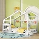 preview thumbnail 3 of 8, White Twin Size Wooden House Floor Bed with Shelf and Roof for Kids, Boys and Girls
