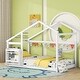 preview thumbnail 3 of 8, White Twin Size Wooden House Floor Bed with Shelf and Roof