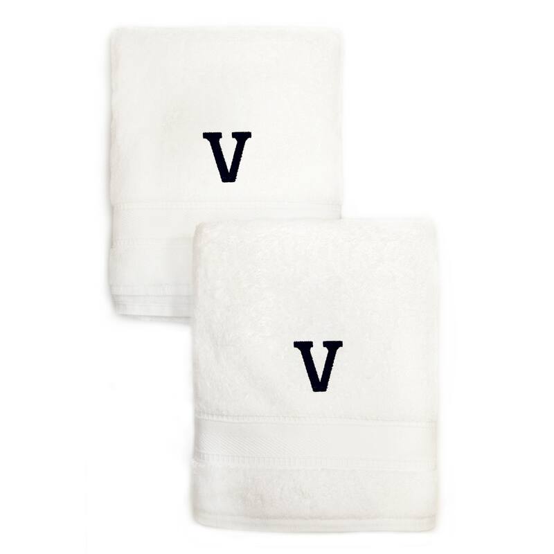 Authentic Hotel and Spa 2-piece White Turkish Cotton Hand Towels with Black Monogrammed Initial - White/V