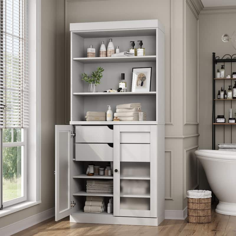 100% Solid Wood 32" Bathroom Cabinet with Optional Doors, 2-Drawers by Palace Imports - White - 2 Frosted Glass Doors