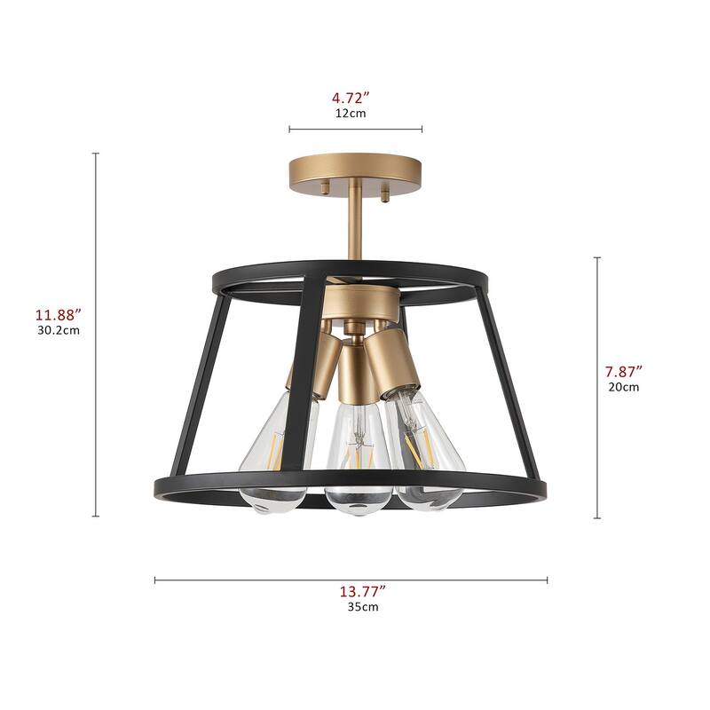 Matte Black 3-Light Openwork Metal Drum Shade Semi-Flush Mount Ceiling Light Fixture