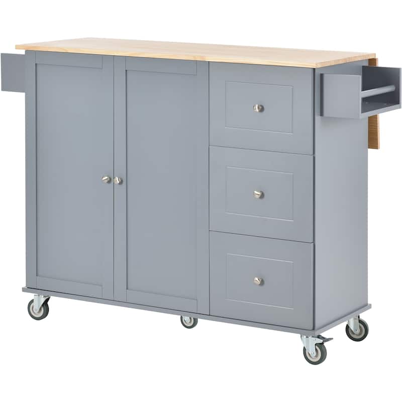 Rolling Kitchen Island with Solid Wood Top, Storage Cabinet and Drop Leaf Bar w/Spice Rack, Towel Rack for Living Room