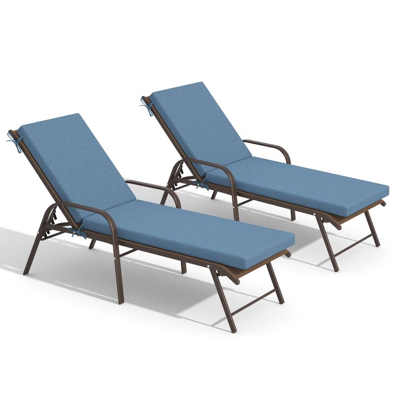Outdoor Chaise Lounge Set Lounge Chairs with Adjustable Back and Sunbrella Fabric Cushions - Brown Chair with Spectrum Denim Cushion
