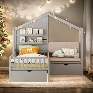 Twin Size House Bed with Upholstered Sofa,Charging Station,Wireless Charging,Shelves and Two Drawers