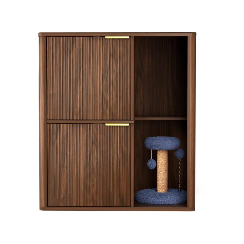 Anmytek Modern Cat Litter Box Enclosure with Cat Tree and Scratching Posts Walnut Finish Side Cabinet