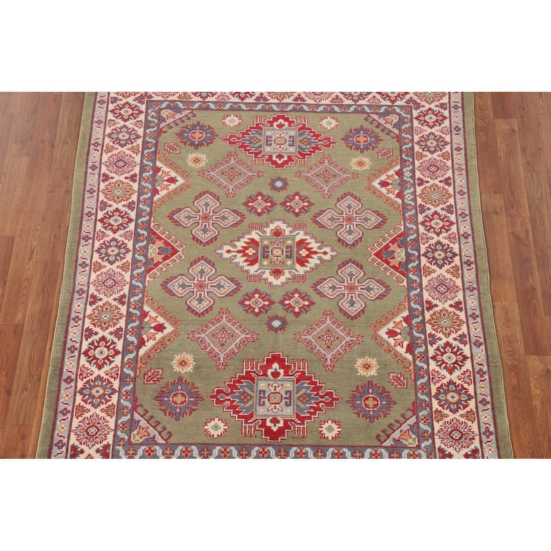 Green Kazak Area Rug Handmade Oriental Wool Carpet - 4'10" x 6'3"