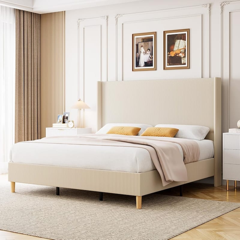 Corduroy Upholstered Platform Bed with Wingback Tufted Headboard, Wood Slats, No Box Spring Required
