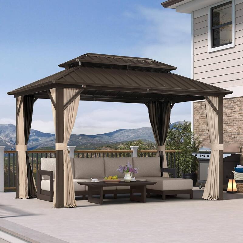 PURPLE LEAF Gazebo Outdoor Gazebo with Dual-Layer Galvanized Steel Double Roof Aluminum Gazebo with Netting and Curtains Bronze - 08' x 12' - with lights