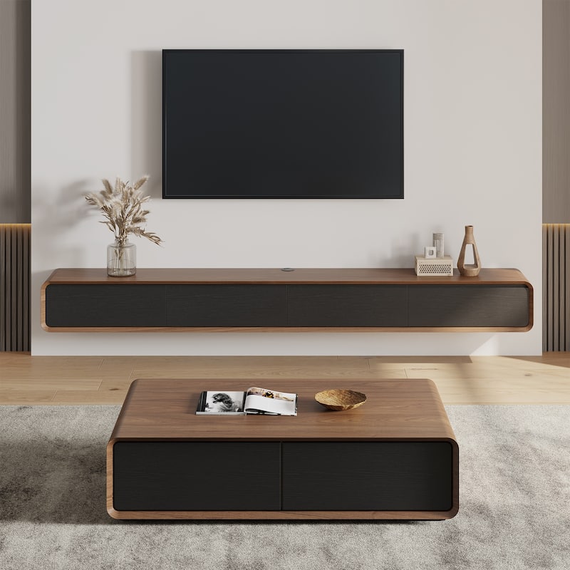 Floating Modern TV Stand for Living Room, Wall-Mounted Entertainment Center with Storage Drawers, Solid Wood, Fully-Assembled - 78.74"-3 Drawers - Brown&Black