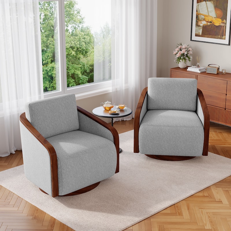 Set of 2 Modern 360° Swivel Accent Barrel Chairs with Wood Arms