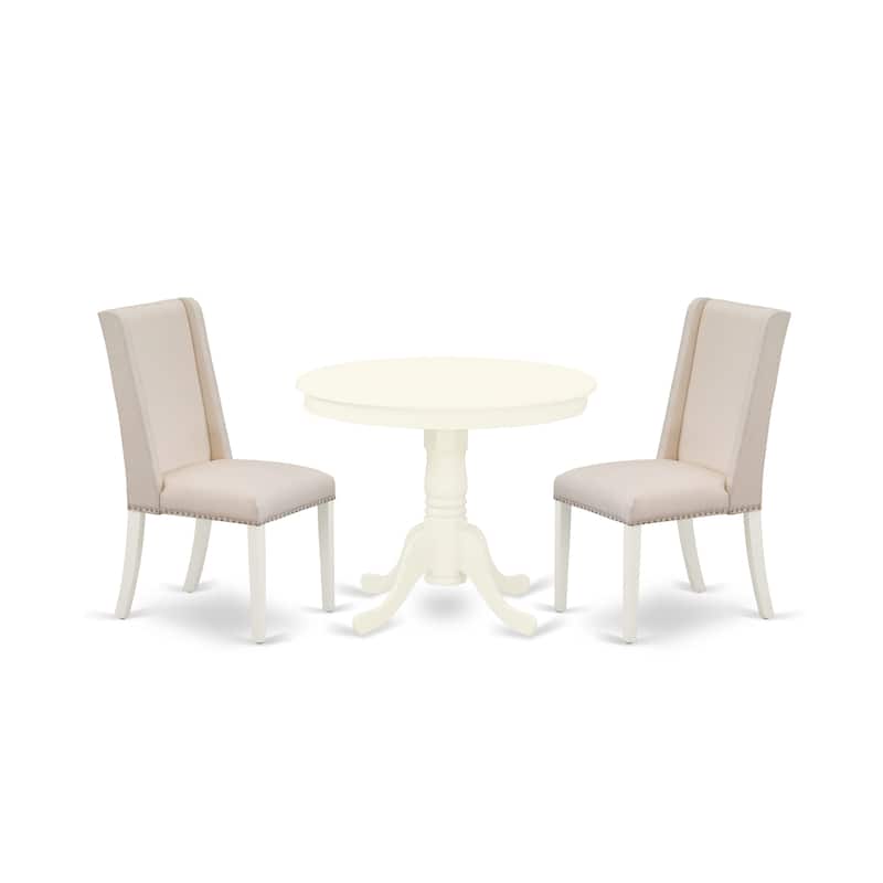 East West Furniture 3 Piece Dining Room Furniture Set- A Round Kitchen Table and 2 Linen Fabric Dining Chairs, (Finish Options)