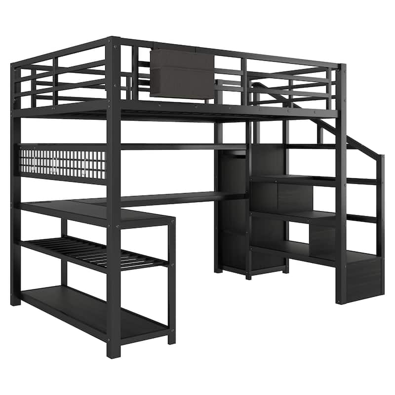 Full Size Loft Bed with Staircase and Wardrobe with Desk, Storage Shelves, LED Lights and Charge Station,Black