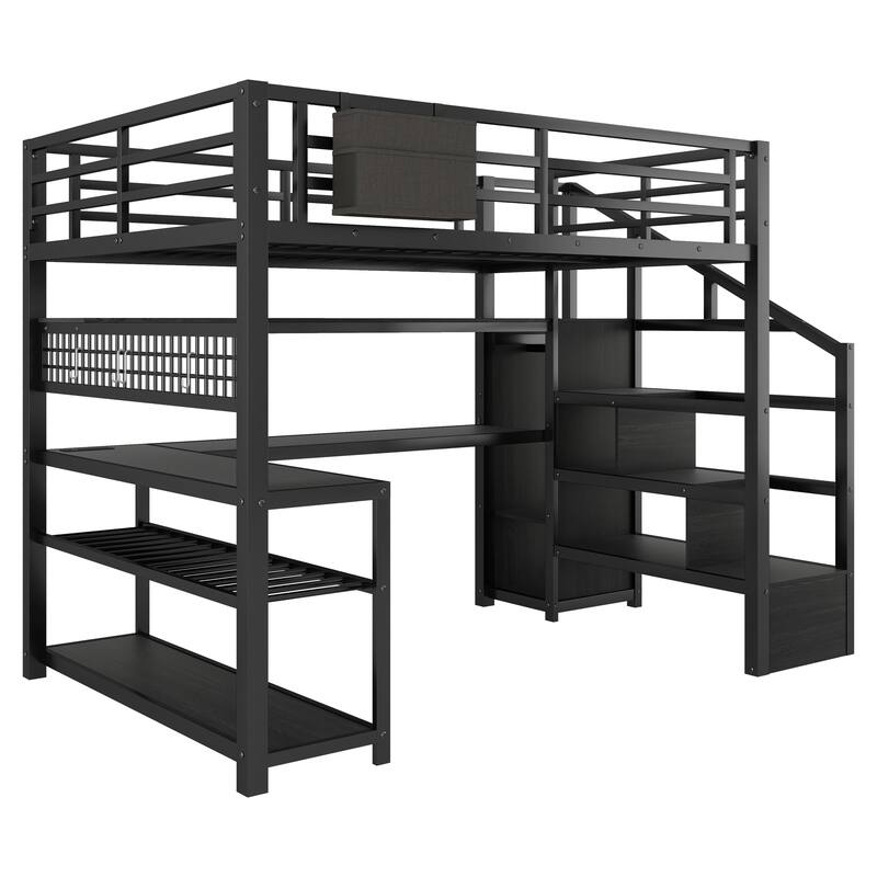 Full Size Metal Loft Bed Frame with Staircase, Wardrobe, Desk, Mesh Board, Storage Shelves, Pocket, LED Lights, Charging Station