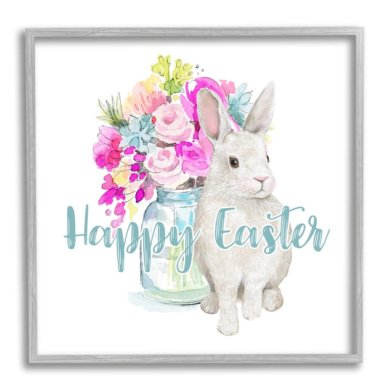 Stupell Happy Easter Calligraphy Bunny Pink Flower Bouquet Framed Wall Art - Multi-Color