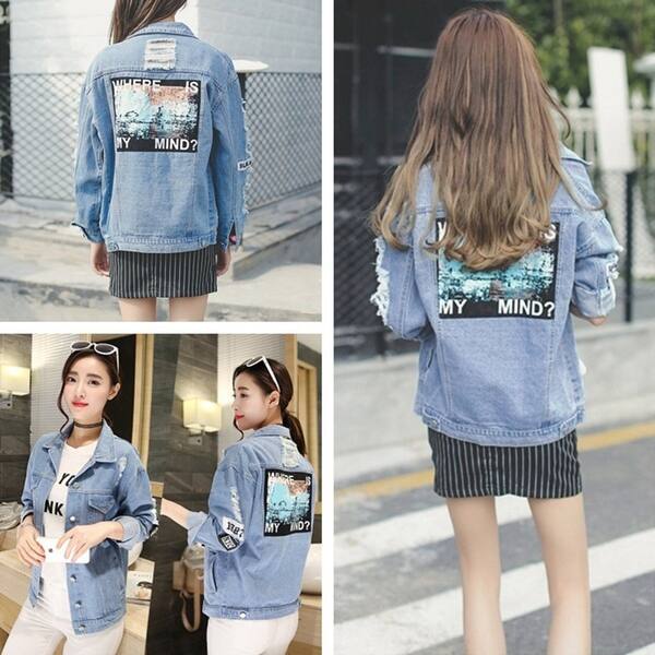 Shop Fashion Frayed Long Sleeve Letter Print Patch Denim Jacket