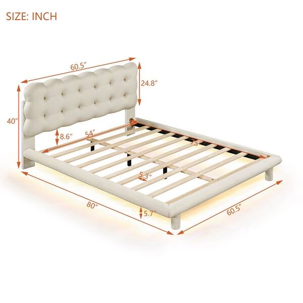 Full Size Velvet Platform Bed w/ LED Frame, Thick & Soft Fabric and Button-tufted Design Headboard for Kids Teens Adults, Beige